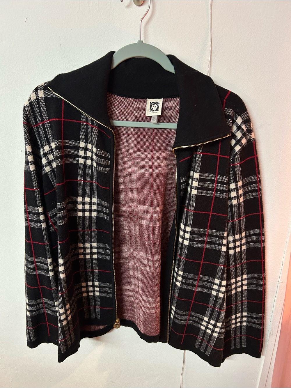 Anne Klein Black Plaid Zip-Front Jacket with Red and Cream Accents
